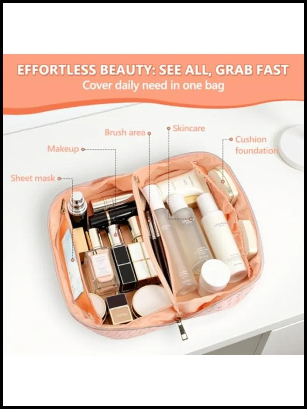 Waterproof Vegan Leather Cosmetic Bag with Brush Compartment and Handle